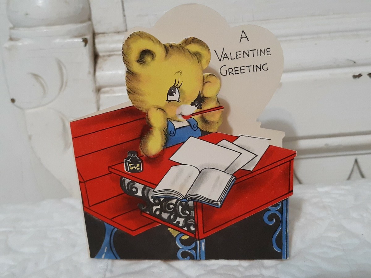Vintage Valentine Die Cut Card Cute Teddy Bear Sitting At School