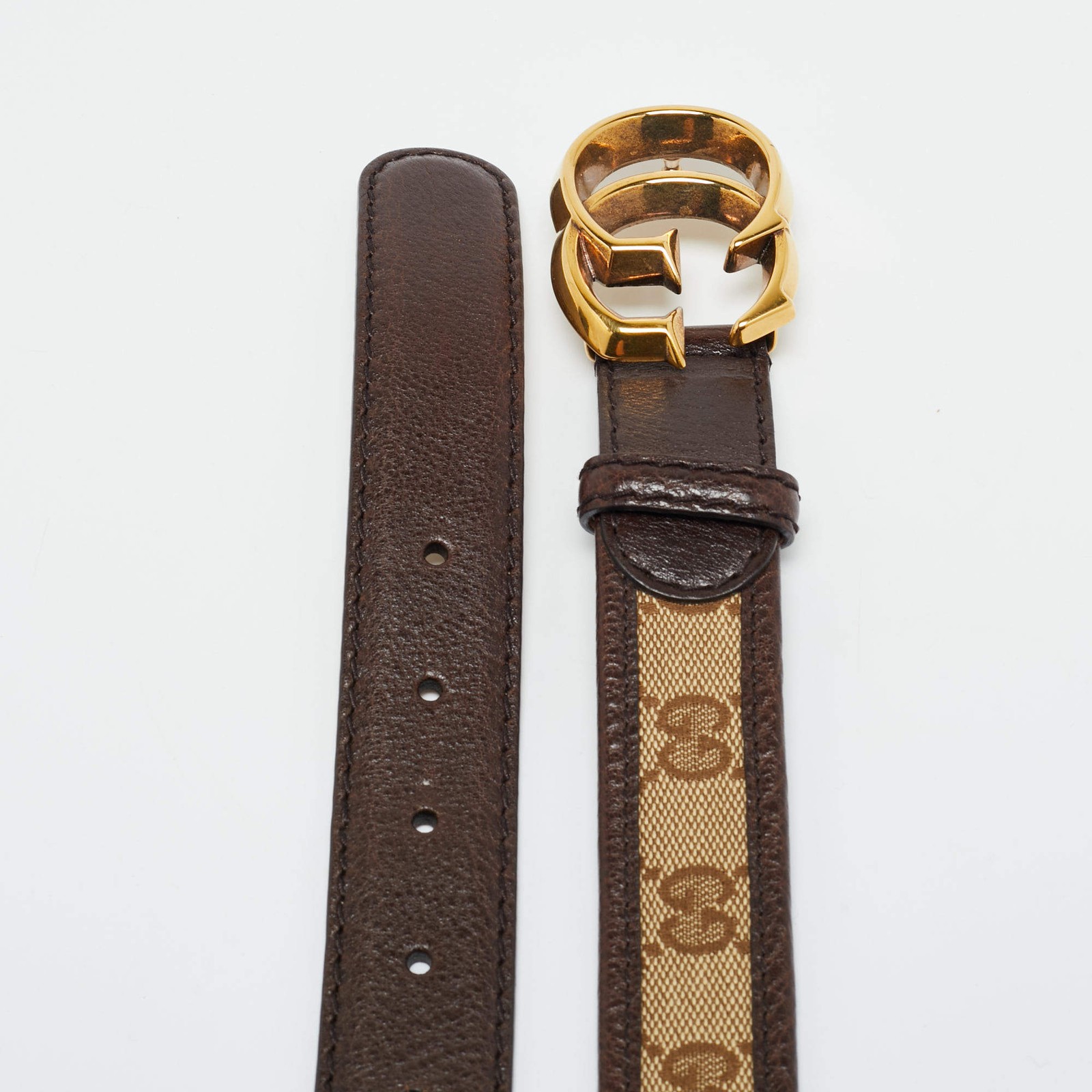 Gucci BrownBeige GG Canvas and Leather Double G Buckle Belt 90CM thumbnail 3