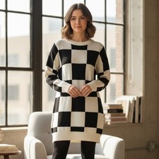 ZESICA Womens Colorblock Check Sweater Dress Long Sleeve Medium Long Sleeve