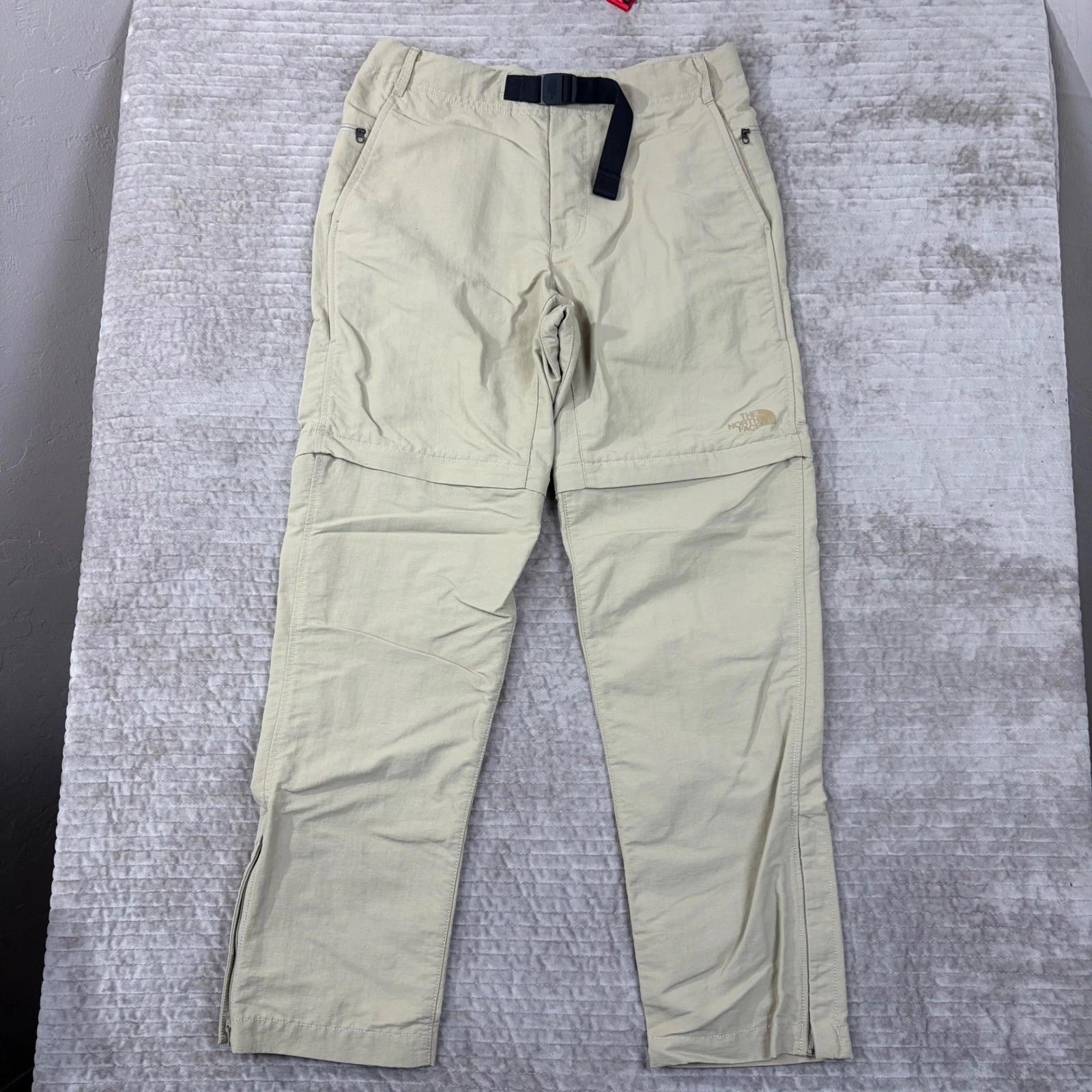 The North Face Mens 30 Convertible Hiking Pants Tan Khaki Zip Off Shorts Belted
