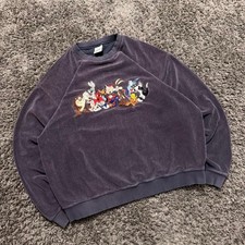 Vintage 90  s Warner Bros. Looney Tunes Embroidered Velour Crewneck Sweatshirt L