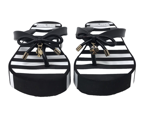 Kate Spade Wedge Platform Sandals Flip Flops Womens 7M Black White Stripe Bow - Picture 6 of 12