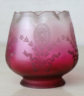 Antique Cranberry Glass Oil Lamp Shade With Etching And Colour Graduation