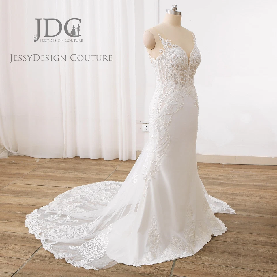 Crepe Fit Flare Meerjungfrau Spitze Brautkleid Hochzeitskleid Perlenstickerei - Bild 4 von 4