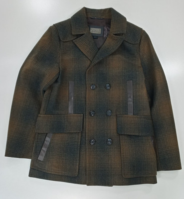 Mackage Men's Plaid Wool Pea Coat Double Breasted With Leather Trim Size 42