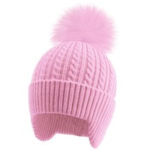 Kids Knit Winter Hats Skiing Beanie Caps with Earflap for Girls 3-8 Years Pink