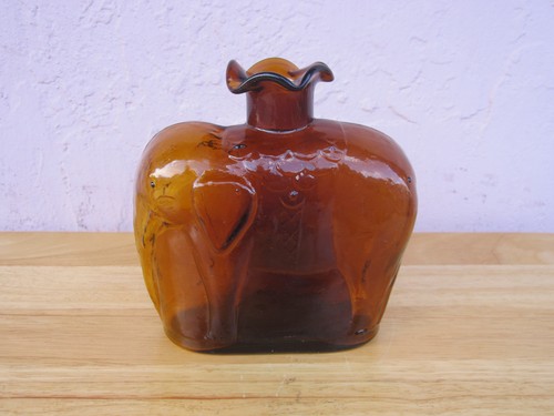 AMBER CLEVENGER BROS. ? HAND BLOWN ELEPHANT FIGURAL BOTTLE