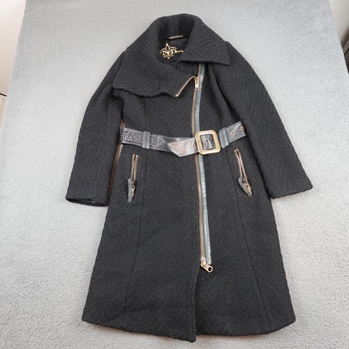 Mackage Coat Womens Medium Black Wool Herringbone Belted Asymmetrical Zip Trench