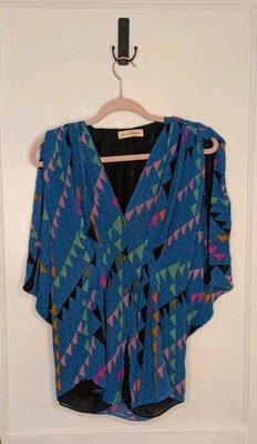 Size 0 Mara Hoffman 100% Silk Geometric Dolman Sleeve Button Blouse Top