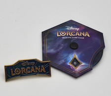 Disney Lorcana Lore Counter Dial and Collectible Blue Pin Badge Set