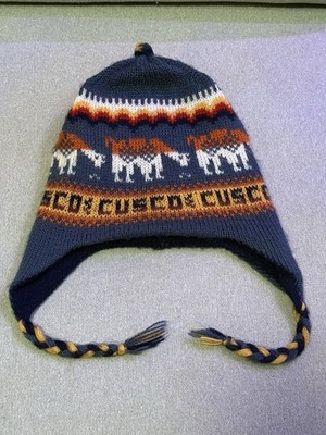 Vintage Reversible Alpaca Wool Hat Peru Cusco Llama Andean Knit Chullo