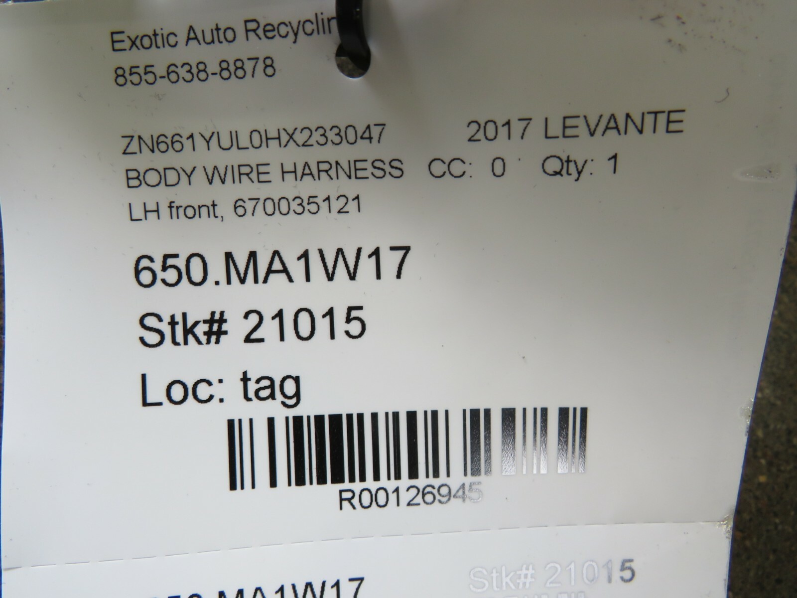 Maserati Levante, LH, Left, Front Door Wire Harness Cables, Used, P/N 670035121