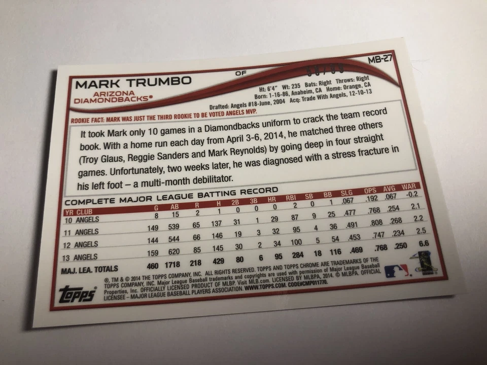 2014 Topps Chrome Update Black Refractor Mark Trumbo Dbacks MB27 /99 - Image 2 of 2