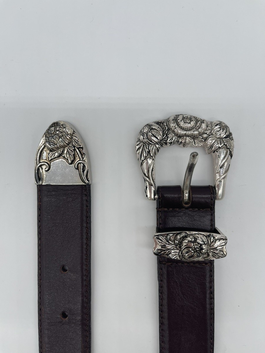 Vintage DONNA KATZ Brown Leather Belt Silver Buckle Flowers  display picture 1
