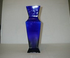 COBALT BLUE BLACK AND WHITE HAND BLOWN SQUARE ART GLASS VASE 9.25 INCH HEAVY
