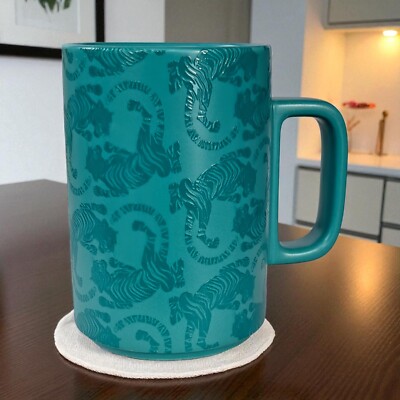 Starbucks Ceramic Handle Teal Blue Green Embossed Tiger 12 oz Mug  Tigers