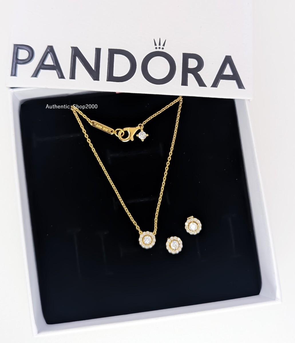 NEW 100% PANDORA 14K G Round Pave Halo Stud Earrings + Necklace