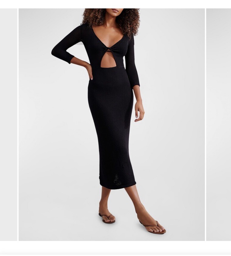 anna will wear a black dress A-Line Black Floral Midi Dress with Long Sleeves Twilight Garden Black / Small main image 1