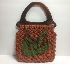 Vintage 70s Boho Handmade Macrame Purse/HandBag Handles Burnt Orange Lined