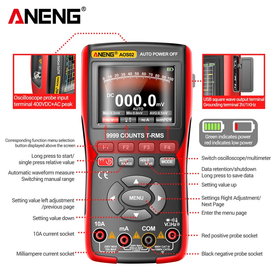 ANENG AOS02 LCD Digital Oscilloscope Transistor Tester Multimeter 9999 Counts - Image 4 of 4