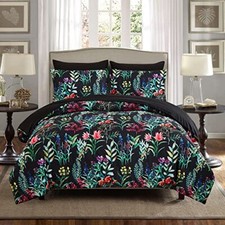 7 Piece Bed in a Bag Floral Comforter Set, Botanical Flowers Queen Black Floral