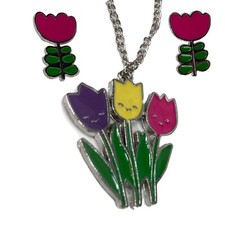Adult Tulip Necklace Earring Set Pendant Charm Purple Pink Yellow Pierced Ear