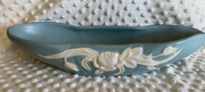 Vintage Weller Pottery 15 in Oval Console Bowl Blue White Cameo Rose Flower MINT