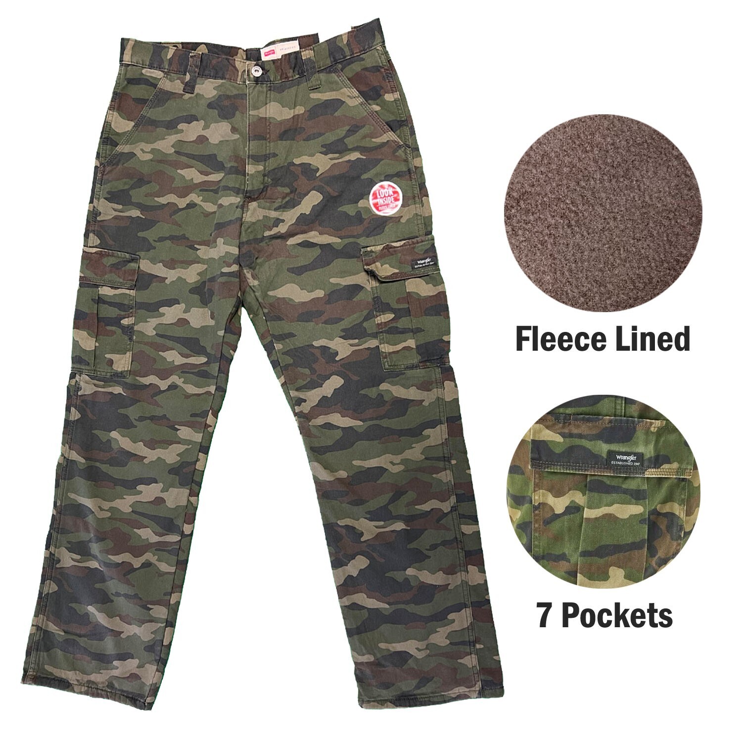 Pantalón Wrangler Para Hombre Camuflaje Suave Forrado de Vellón Carga Calce Relajado Cinco Estrellas (S02)