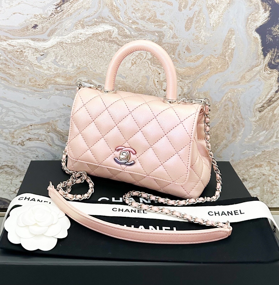 Chanel Iridescent Caviar Quilted Extra Mini Coco Light Pink Handle