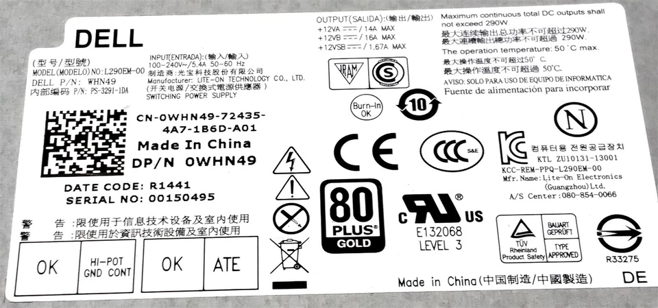 ⭐️⭐️⭐️⭐️⭐️ Desktop PC Power Supply Dell L290EM-00 P/N: 0WHN49 290W - Image 2 of 4