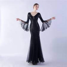 Women's V Neck Fish Tail Wedding Dress Banquet Stage Glitter Evening Lace Dress