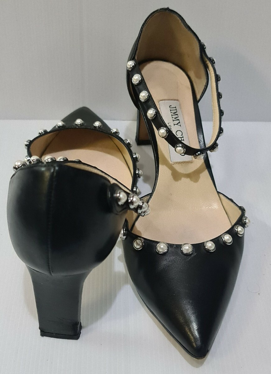 Jimmy Choo Black Leather Faux Pearls Leema Mary Jane Pumps