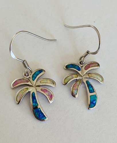 Hawaiian Sterling Silver Multi Color Fire Opal Palm Tree Dangle Hook Earrings