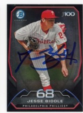SIGNED BASEBALL CARD AUTO BOWMAN CHROME 2014 JESSE BIDDLE #68 PHILLIES RC