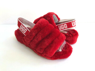 UGG FLUFF YEAH SLIDE RED RIBBON MOCASSIN SLIP ON SANDAL US 9 / EU 40 / UK 7 NIB