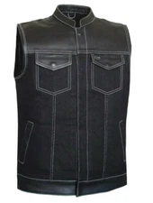 Hunt Club Men Leather & Denim Biker Style Riding Motorcycle Vest Concealed Carry