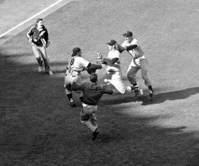Yankees Go Home Brimming over with glee teammates of Johnny Kucks  .. Old Photo
