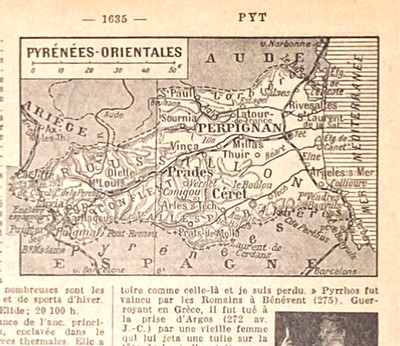 Alte Lithographie, Pyrénées-Orientales, ca.1940, Frankreich, Okzitanien, Karte