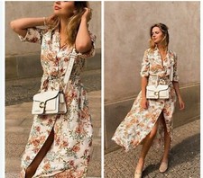 ZARA ECRU VANILLA FLORAL PRINT SHIRT BUTTONED LONG DRESS WITH BELT, XL 
