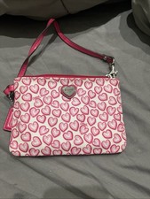 Coach Heart Print Wristlet Pink Red Canvas Zip Pouch Valentine Y2K