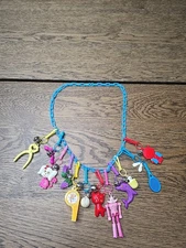 Plastic Clip-On Bell Charm Necklace with 12 Charms Retro 80s Vintage New Blue
