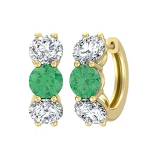 Natural Emerald & Lab Grown Diamond Hoop Earrings 10K Yellow Gold 2.56gm