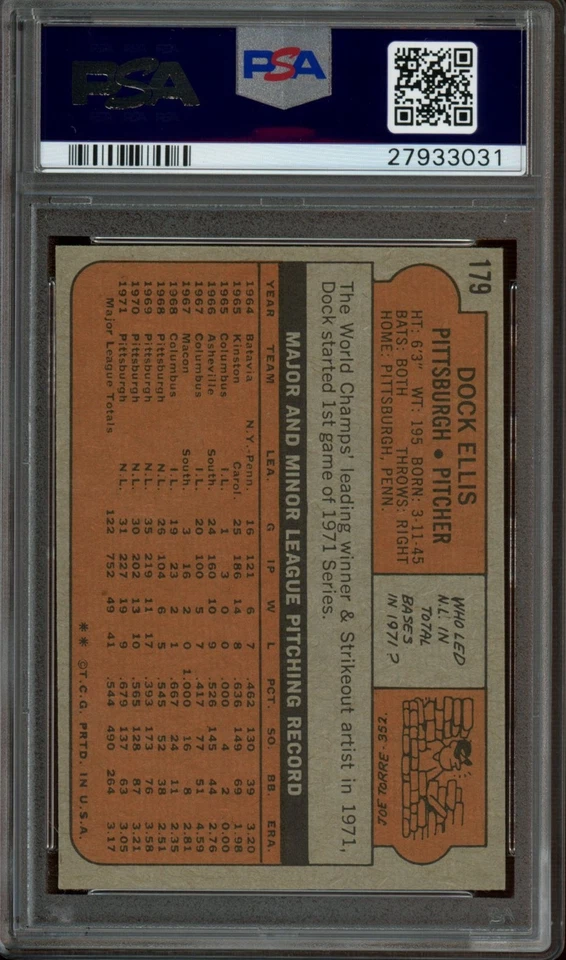 1972 Topps #179 Dock Ellis *PSA 7 (NM) *Pittsburgh Pirates - Image 2 of 2