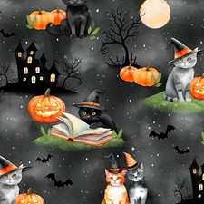 Spooky Tails Scenic Cats Black Halloween Wilmington Fabric BTY 22" Wide