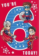 AGE SIX 6TH BOY BIRTHDAY GREETING CARD 7"X5" SUPERHEROES