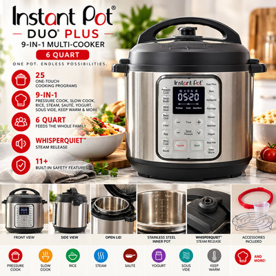 Instant Pot Duo Plus 6 Qt 9-in-1 Pressure Cooker WhisperQuiet 112-0169-01