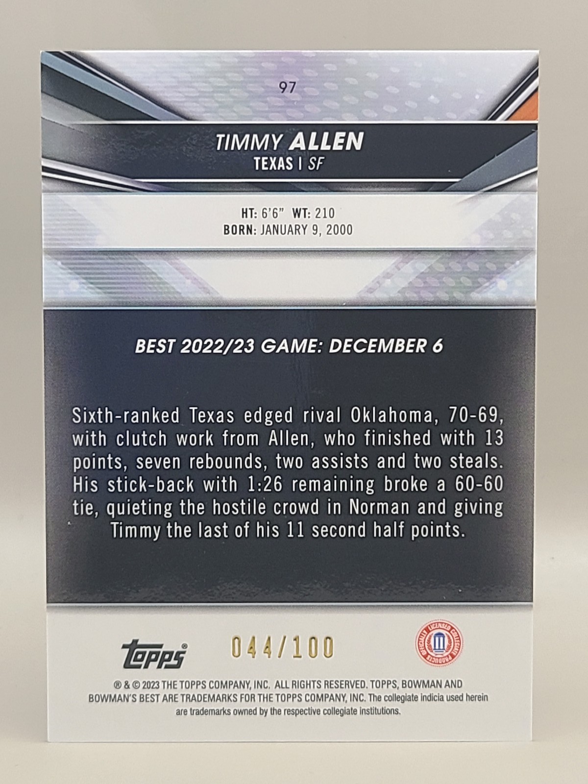 2022-23 Bowman University Best #97 Timmy Allen Pink Lava Refractors #/100