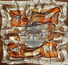 VINTAGE Equestrian ivory/ORANGE Horses Tassels Print silky Scarf 35  /35  