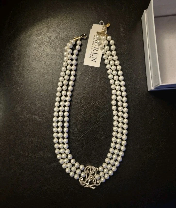 COLLAR COLLAR RALPH LAUREN TONO DORADO IMITACIÓN PERLA 3 HILOS LOGO NUEVO CON ETIQUETAS Foto 4 de 4