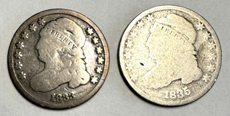 PAIR OF 1833 & 1835 CAPPED BUST SILVER DIMES     Free US Shipping